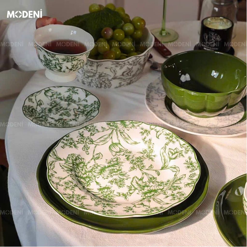 Bộ Chén Đĩa Sứ Trang Men Cao Cấp Farley – Họa Tiết Hoa Lá Trang Nhã – Dành Cho Bàn Ăn Hiện Đại, Tiếp Khách Và Quà Tặng Sang Trọng