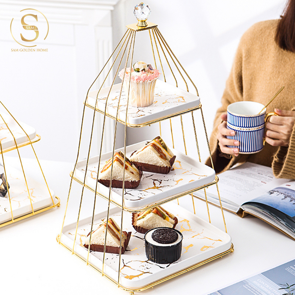 Khay 3 Tầng Bondine – Khung Vàng Đĩa Trắng Marble Sang Trọng, Decor Tiệc Trà Châu Âu