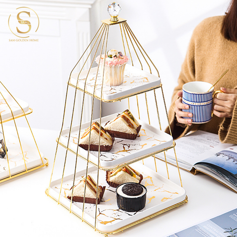  Khay 3 Tầng Bondine – Khung Vàng Đĩa Trắng Marble Sang Trọng, Decor Tiệc Trà Châu Âu 