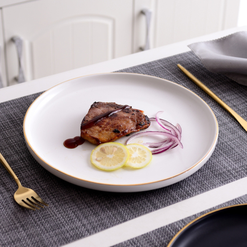 Đĩa Sứ Hasimi 25 Steak, Pasta Trắng Viền Chỉ Vàng Châu Âu Phong Cách Tối Giản Minimalism