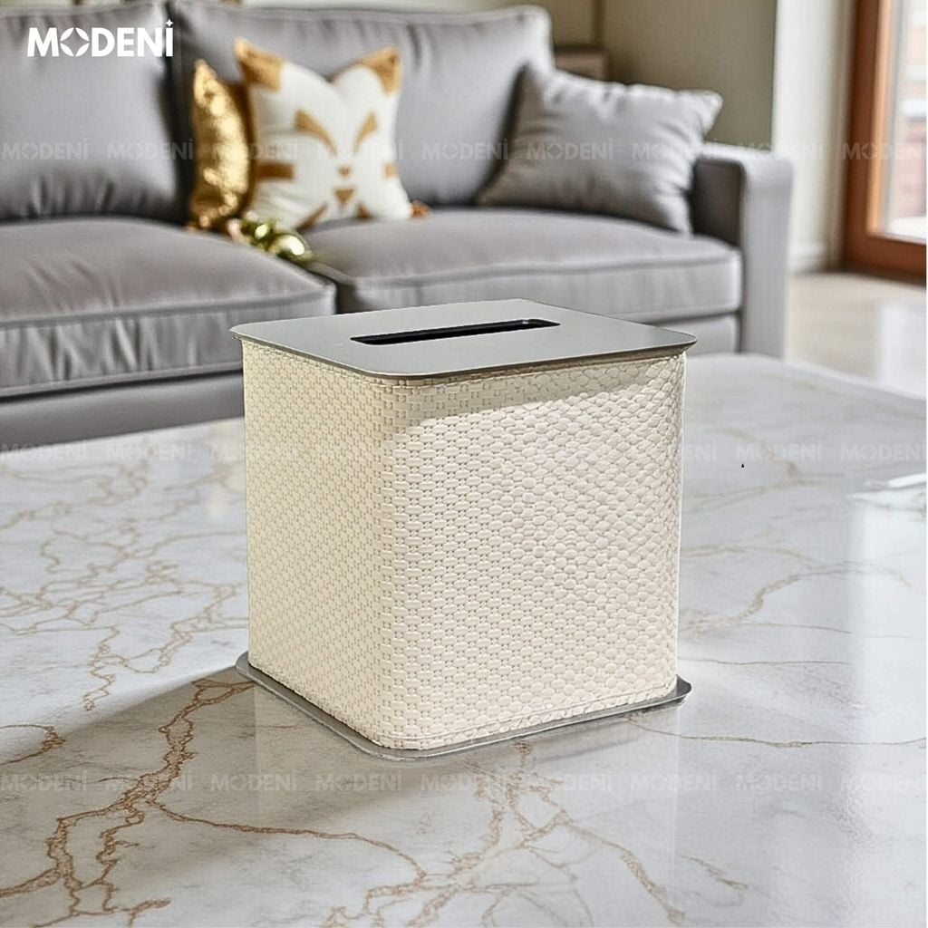Hộp Khăn Giấy Keris White Vuông Da PU Cao Cấp Nắp Kim Loại Hiện Đại Cho Phòng Khách, Văn Phòng