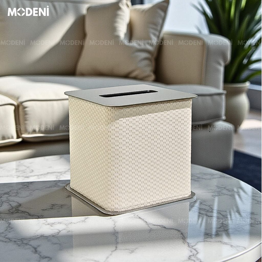 Hộp Khăn Giấy Keris White Vuông Da PU Cao Cấp Nắp Kim Loại Hiện Đại Cho Phòng Khách, Văn Phòng