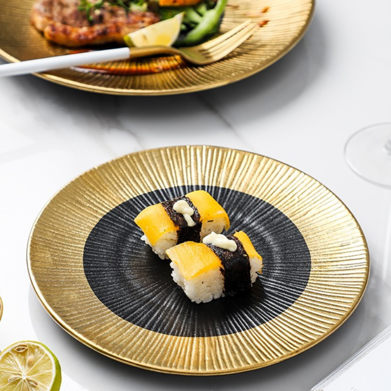 Đĩa Saki 25 Đen Vàng Kiểu Nhật Bản, Đĩa Sushi, Steak, Plate Sang Trọng X Châu Âu Cổ Điển