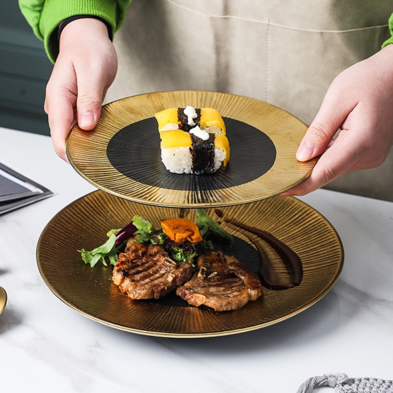 Đĩa Saki 20 Đen Vàng Kiểu Nhật Bản, Đĩa Sushi, Steak, Plate Sang Trọng X Châu Âu Cổ Điển