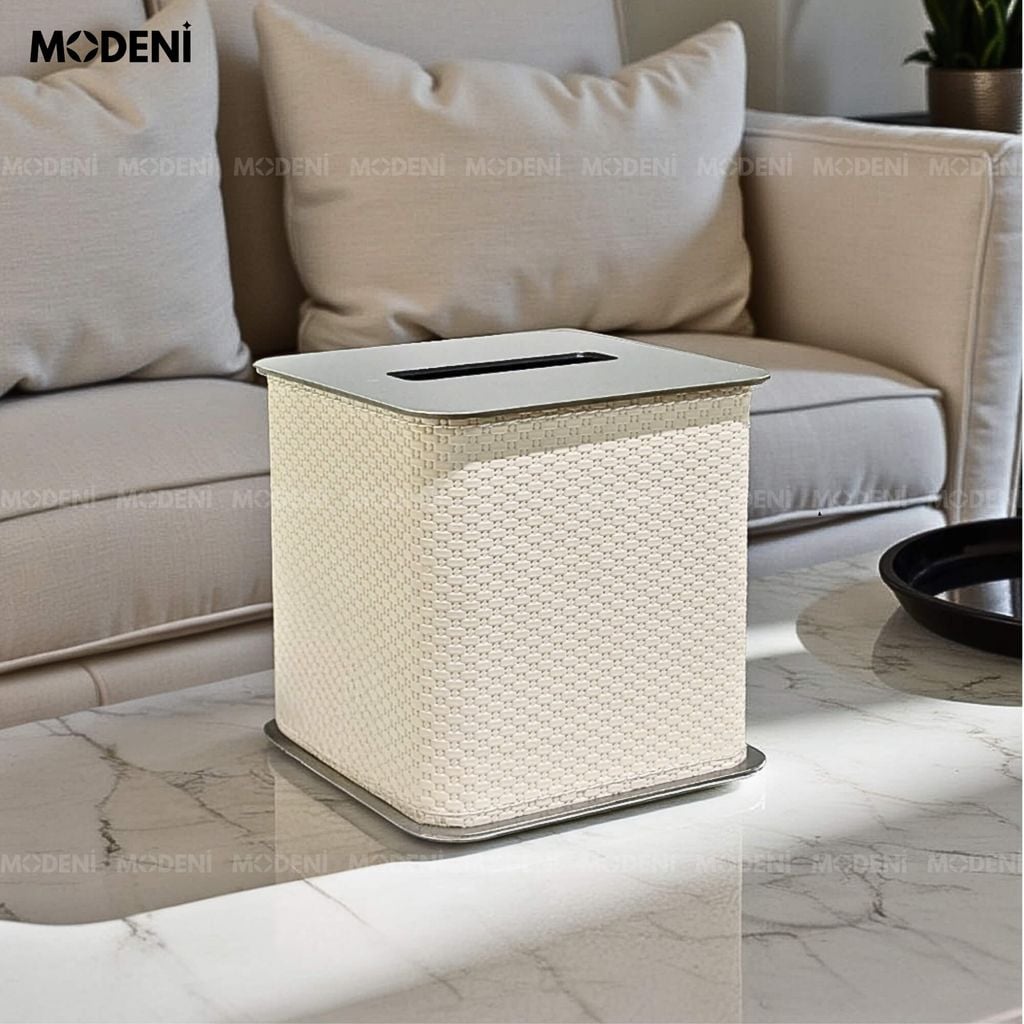 Hộp Khăn Giấy Keris White Vuông Da PU Cao Cấp Nắp Kim Loại Hiện Đại Cho Phòng Khách, Văn Phòng