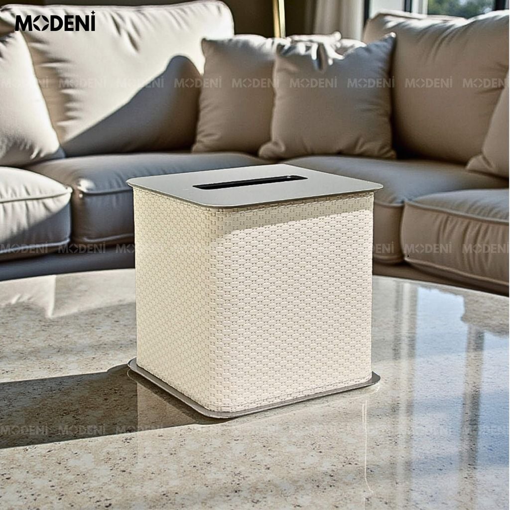 Hộp Khăn Giấy Keris White Vuông Da PU Cao Cấp Nắp Kim Loại Hiện Đại Cho Phòng Khách, Văn Phòng