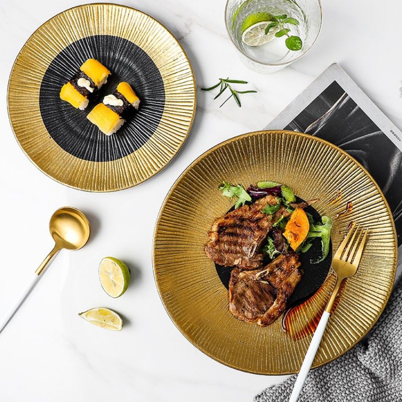 Đĩa Saki 25 Đen Vàng Kiểu Nhật Bản, Đĩa Sushi, Steak, Plate Sang Trọng X Châu Âu Cổ Điển