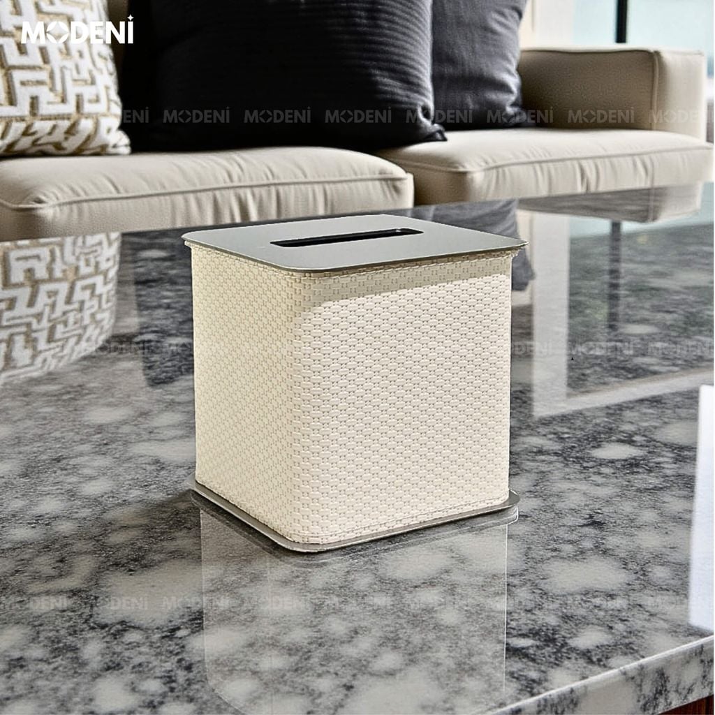 Hộp Khăn Giấy Keris White Vuông Da PU Cao Cấp Nắp Kim Loại Hiện Đại Cho Phòng Khách, Văn Phòng