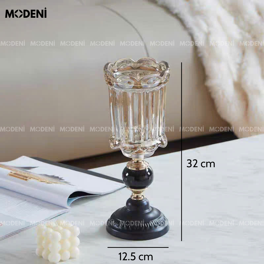 Bình Hoa Pha Lê Royal Crystal Cao Cấp Sang Trọng | Thân Cốc Khắc Rãnh – Đế Đá Đen Decor Bàn Sofa, Kệ Tủ