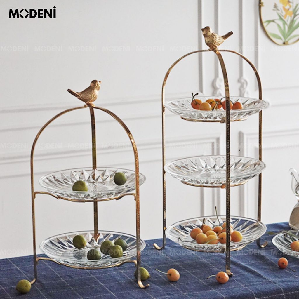 Khay 2 Tầng Kite Chim Vàng Kèm Đĩa Thủy Tinh – Decor Tiệc Trà, Đựng Bánh Trái Sang Trọng – Kiểu Dáng Hiện Đại Tinh Tế
