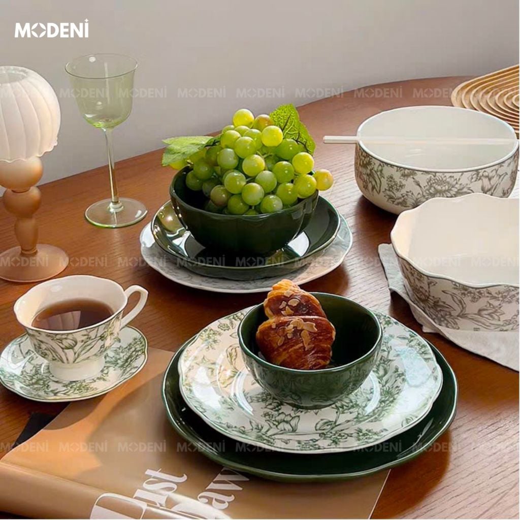 Bộ Chén Đĩa Sứ Trang Men Cao Cấp Farley – Họa Tiết Hoa Lá Trang Nhã – Dành Cho Bàn Ăn Hiện Đại, Tiếp Khách Và Quà Tặng Sang Trọng