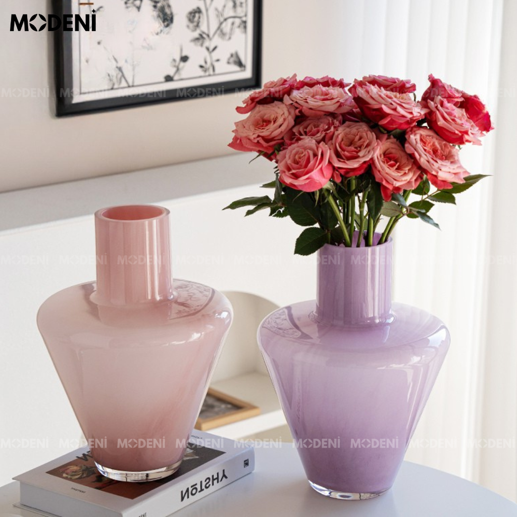 Bình Hoa Lush Thủy Tinh Cao Cấp – Decor Bàn Sang Trọng – Màu Tím Hồng Nhạt 30cm Phù Hợp Phòng Khách, Console