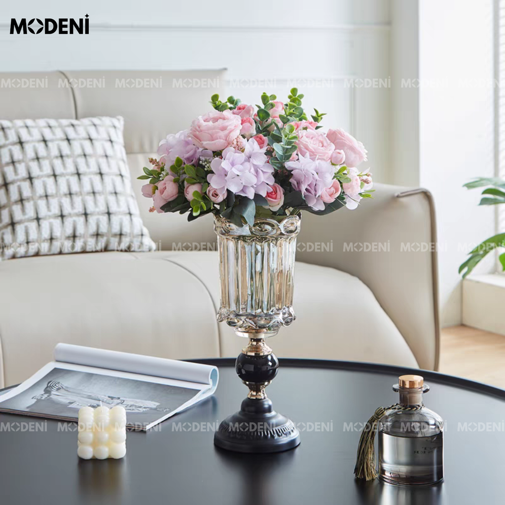 Bình Hoa Pha Lê Royal Crystal Cao Cấp Sang Trọng | Thân Cốc Khắc Rãnh – Đế Đá Đen Decor Bàn Sofa, Kệ Tủ