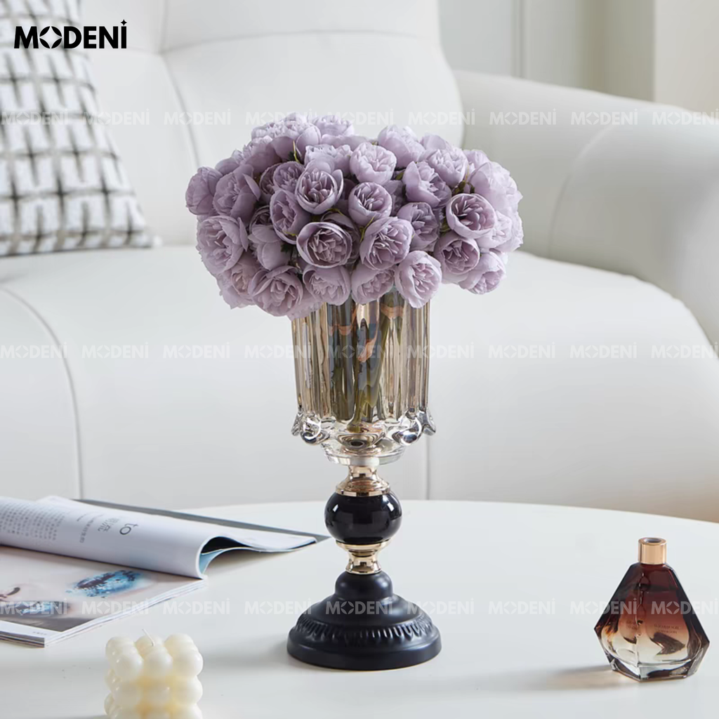 Bình Hoa Pha Lê Royal Crystal Cao Cấp Sang Trọng | Thân Cốc Khắc Rãnh – Đế Đá Đen Decor Bàn Sofa, Kệ Tủ