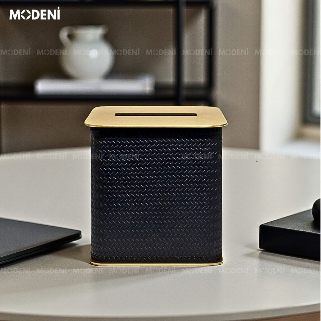 Hộp Khăn Giấy Keris Vuông Đen Da PU Cao Cấp Nắp Kim Loại Sang Trọng Cho Phòng Khách Và Văn Phòng