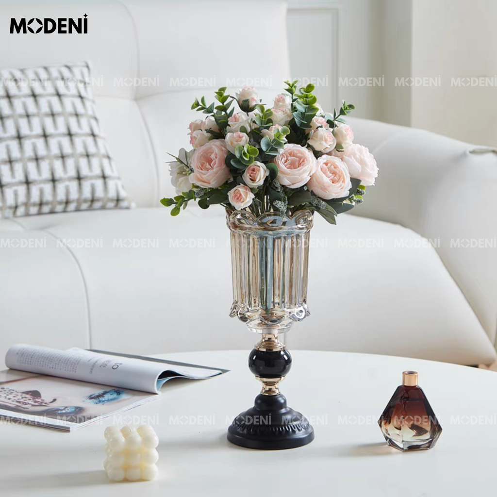 Bình Hoa Pha Lê Royal Crystal Cao Cấp Sang Trọng | Thân Cốc Khắc Rãnh – Đế Đá Đen Decor Bàn Sofa, Kệ Tủ