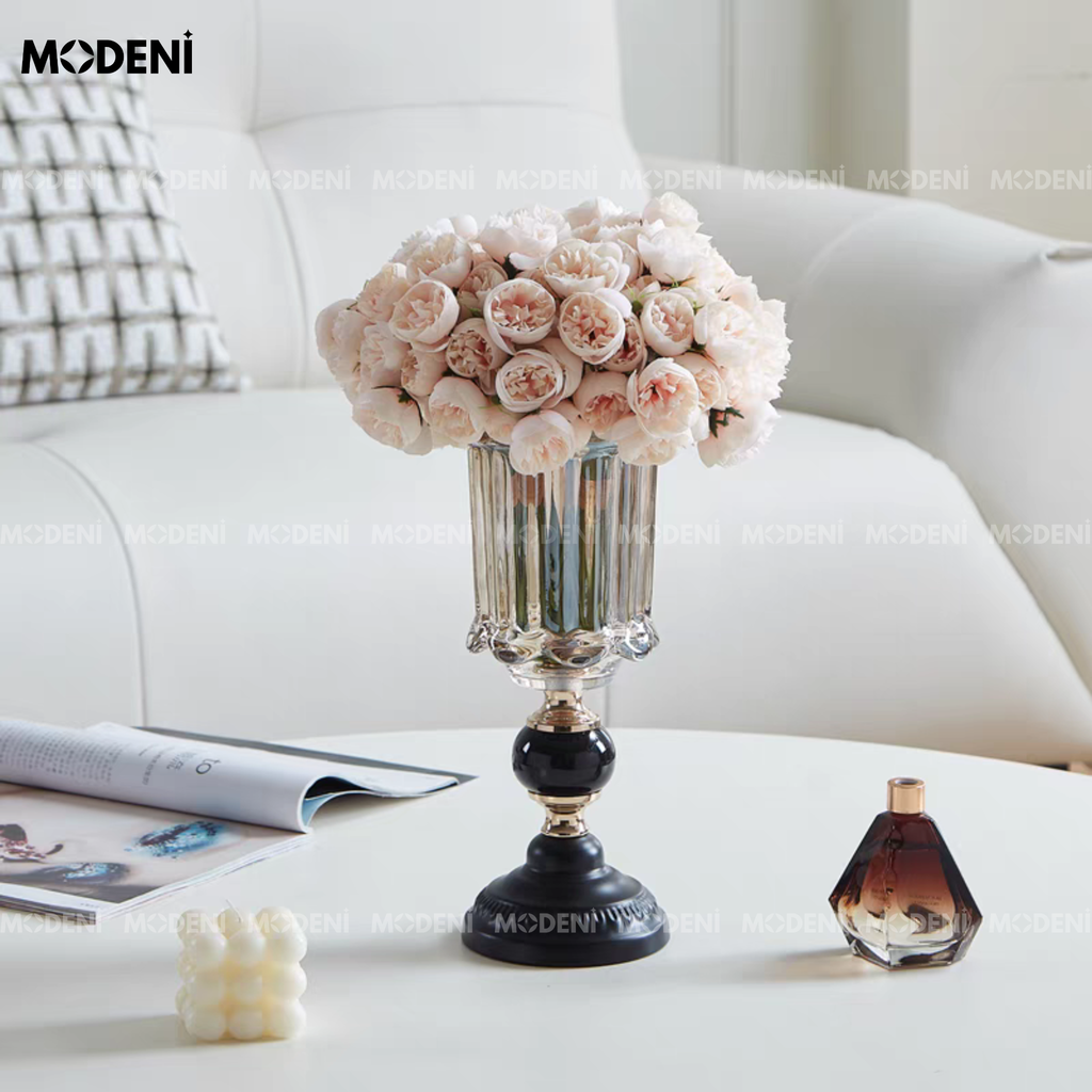 Bình Hoa Pha Lê Royal Crystal Cao Cấp Sang Trọng | Thân Cốc Khắc Rãnh – Đế Đá Đen Decor Bàn Sofa, Kệ Tủ