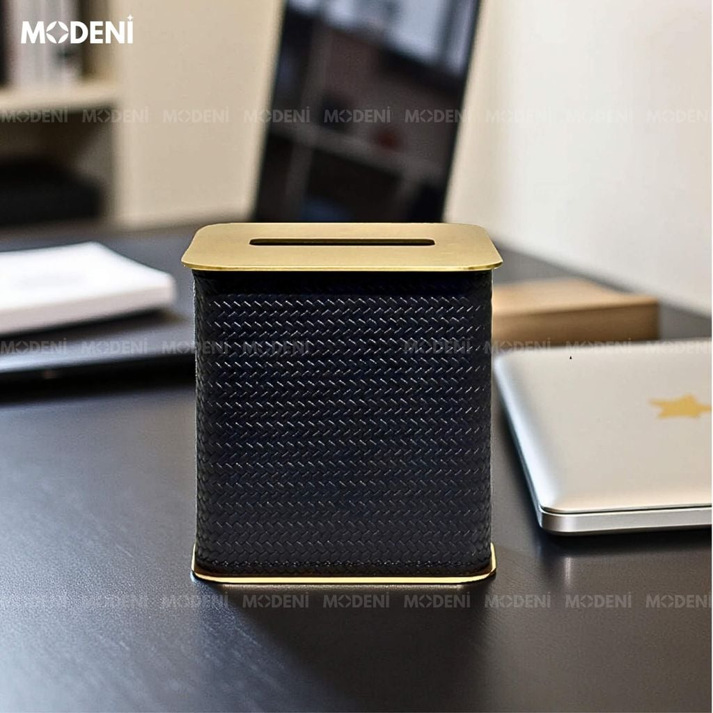 Hộp Khăn Giấy Keris Vuông Đen Da PU Cao Cấp Nắp Kim Loại Sang Trọng Cho Phòng Khách Và Văn Phòng