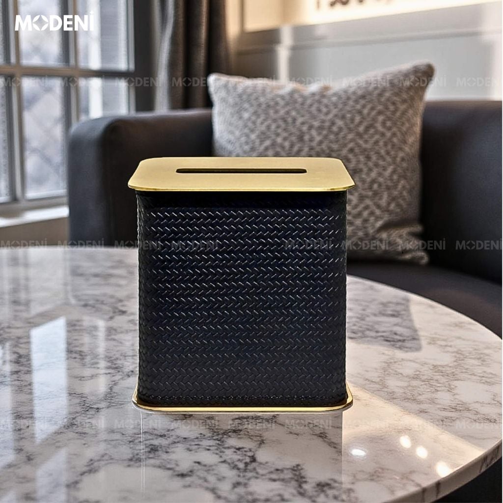 Hộp Khăn Giấy Keris Vuông Đen Da PU Cao Cấp Nắp Kim Loại Sang Trọng Cho Phòng Khách Và Văn Phòng