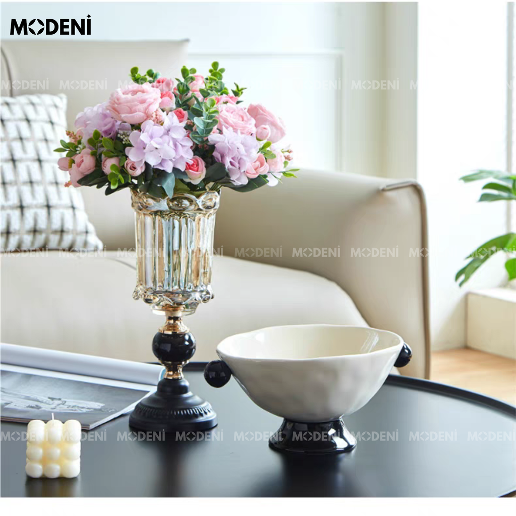 Bình Hoa Pha Lê Royal Crystal Cao Cấp Sang Trọng | Thân Cốc Khắc Rãnh – Đế Đá Đen Decor Bàn Sofa, Kệ Tủ