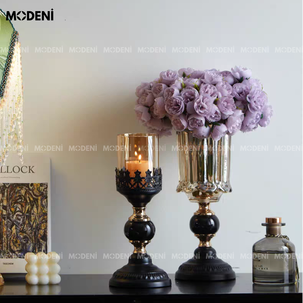 Bình Hoa Pha Lê Royal Crystal Cao Cấp Sang Trọng | Thân Cốc Khắc Rãnh – Đế Đá Đen Decor Bàn Sofa, Kệ Tủ