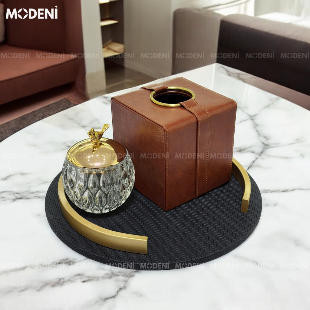 Khay Chole Hình Tròn – Decor Da & Kim Loại Vàng Sang Trọng – Thiết Kế Hiện Đại Cá Tính, Phù Hợp Bàn Sofa, Bàn Console, Không Gian Luxury