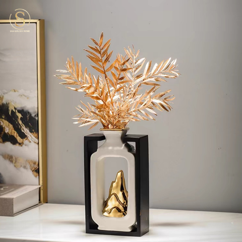  Bình Hoa Hazel Gốm Sứ Cao Cấp Sang Trọng Kèm Lá Kim Mạ Vàng Phong Cách Châu Âu - Bình Đứng 