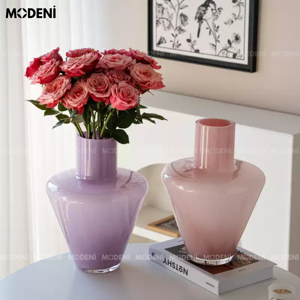 Bình Hoa Lush Thủy Tinh Cao Cấp – Decor Bàn Sang Trọng – Màu Tím Hồng Nhạt 30cm Phù Hợp Phòng Khách, Console