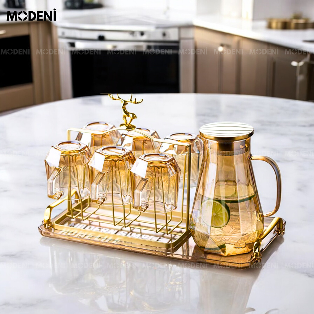 Bộ Bình Ly Thủy Tinh Cao Cấp Elemi  Màu Nâu Cam Phong Cách Châu Âu Hiện Đại Sang Trọng