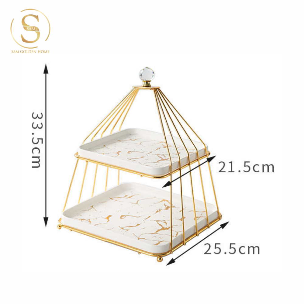 Khay 2 Tầng Bondine – Khung Kim Loại Mạ Vàng Cao Cấp, Đĩa Marble Trắng Nghệ Thuật – Decor Tiệc Trà, Đựng Bánh Trái, Snack Sang Trọng Châu Âu