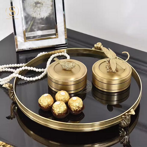 Khay Hình Tròn V Luxury Neo Trang Trí Cao Cấp Màu Đen Viền Vàng Sang Trọng Phong Cách Châu Âu Hiện Đại