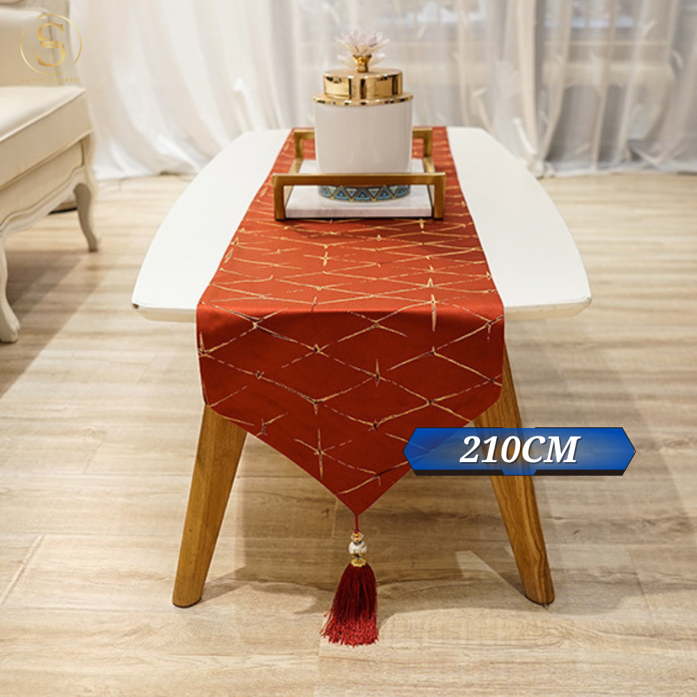 Khăn Bàn Table Runner Spring Đỏ Viền Vàng Sang Trọng