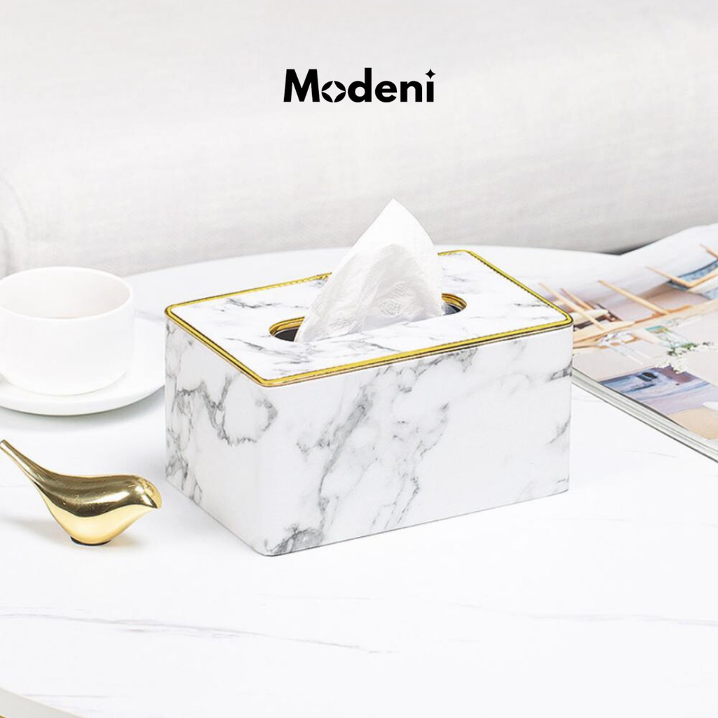 Hộp Đựng Khăn Giấy Sapi Trang Trí Bàn Ăn Da Vân Đá Marble Viền Vàng Gold Sang Trọng Màu Trắng