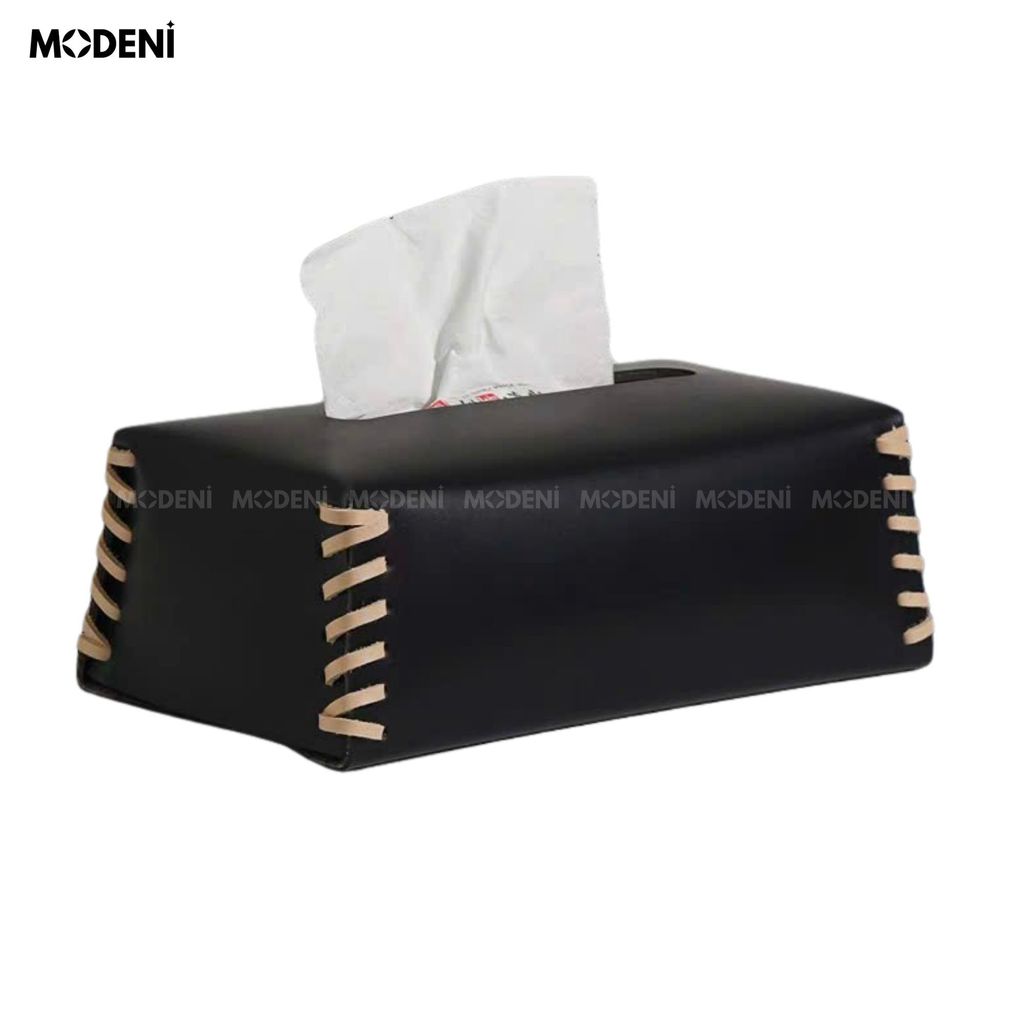 Hộp Khăn Giấy Da Nomi Cao Cấp – Thiết Kế Đen Phối Dây Khâu Thủ Công – Decor Bàn Sofa, Làm Việc, Nhà Ở Hiện Đại