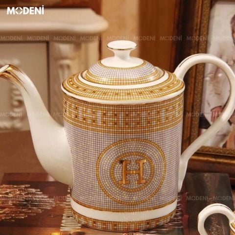 Bộ trà sứ xương cao cấp H-Paris họa tiết mosaic viền vàng ánh kim sang trọng