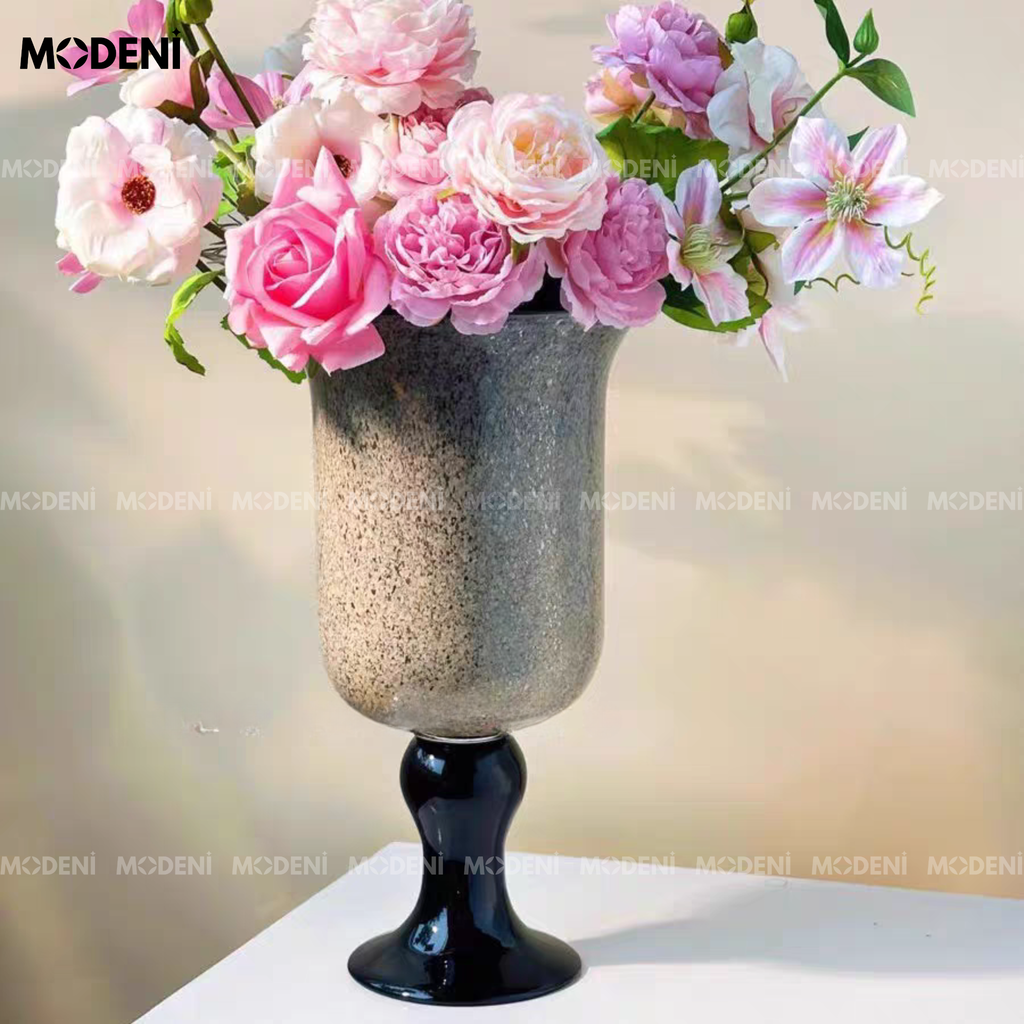 Bình Hoa Gốm Sứ Chalice – Bình Cắm Hoa Cao Cấp Trang Trí Bàn Phòng Khách – Gốm Sứ Xám Vân Đá Đế Đen 33cm