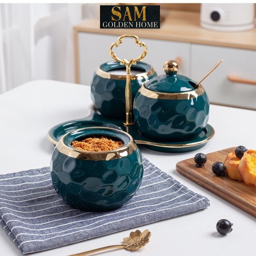 Hũ Đựng Gia Vị Cori Sứ Tráng Men Ceramics Viền Vàng Cao Cấp Kèm Khay Sứ và Thìa Phong Cách Hàn Quốc Sang Trọng