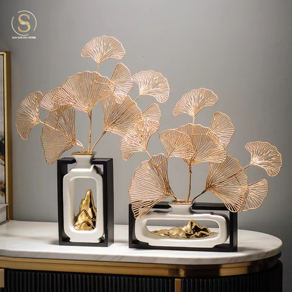 Bình Hoa Hazel Gốm Sứ Cao Cấp, Decor Lá Mạ Vàng Nghệ Thuật, Thiết Kế Nằm Ngang Ấn Tượng Cho Bàn Console