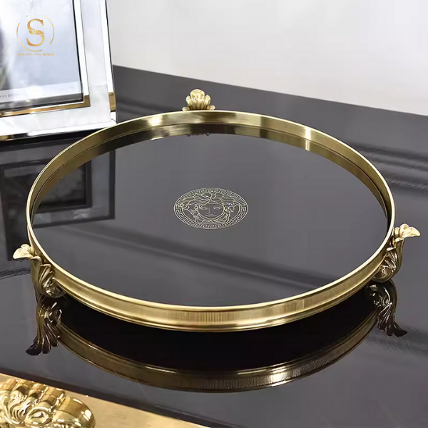 Khay Hình Tròn V Luxury Neo Trang Trí Cao Cấp Màu Đen Viền Vàng Sang Trọng Phong Cách Châu Âu Hiện Đại