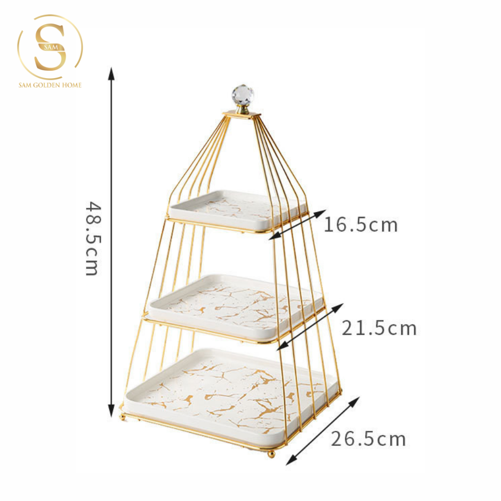 Khay 3 Tầng Bondine – Khung Vàng Đĩa Trắng Marble Sang Trọng, Decor Tiệc Trà Châu Âu