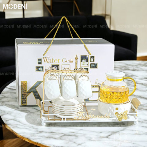  Pinesta – Bộ Trà Sứ Xương Cao Cấp 10 Món – Bình Trà Thủy Tinh, Ly 250ml, Khay, Giá Đỡ, Đế Nến Giữ Nhiệt – Dành Cho Không Gian Hiện Đại Sang Trọng 