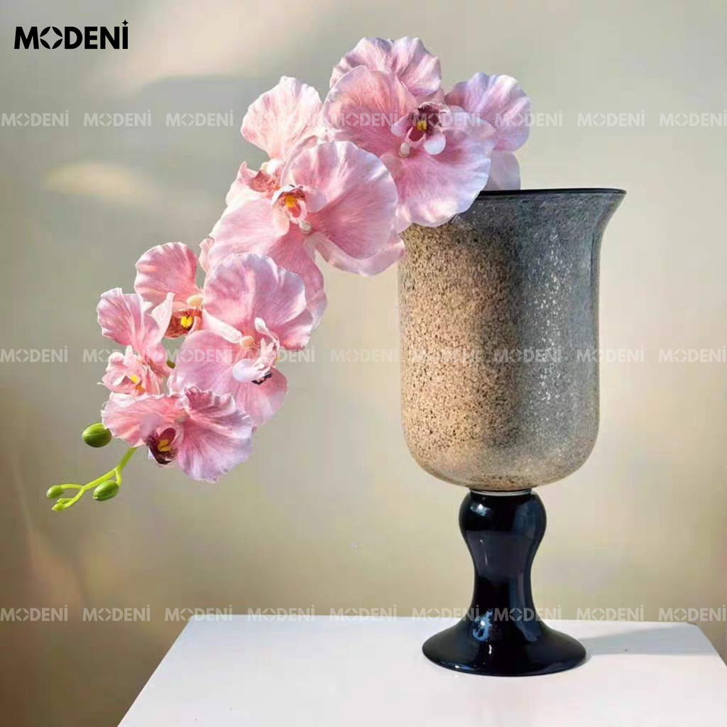 Bình Hoa Gốm Sứ Chalice – Bình Cắm Hoa Cao Cấp Trang Trí Bàn Phòng Khách – Gốm Sứ Xám Vân Đá Đế Đen 33cm