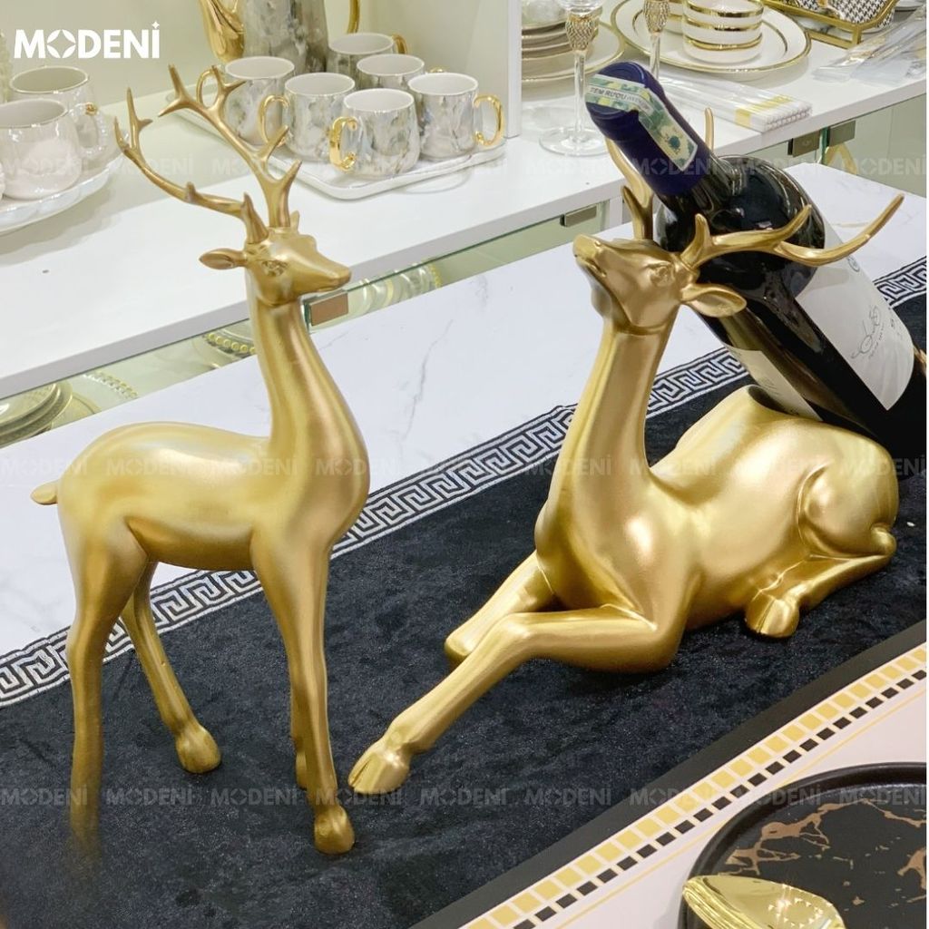 Set Tượng Hươu Nai Alva Vàng Gold Kê Rượu Cao Cấp, Giá Đỡ Rượu Nghệ Thuật & Decor Phòng Khách Sang Trọng