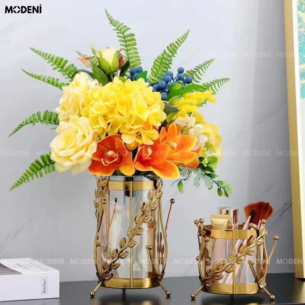 Bình Hoa Thủy Tinh Rosy Decor Sang Trọng – Phối Kim Loại Vàng – Kích Thước 20.5cm & 13cm