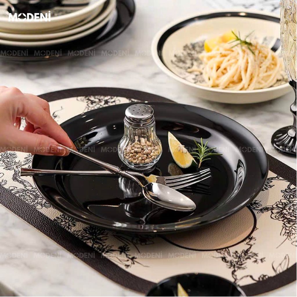Bộ Chén Đĩa Sứ Trắng Đen Cao Cấp Dioria Nghệ Thuật In Chìm – Phong Cách Cổ Điển Đậm Chất Âu – Phù Hợp Bàn Ăn Gia Đình & Quà Tặng Sang Trọng