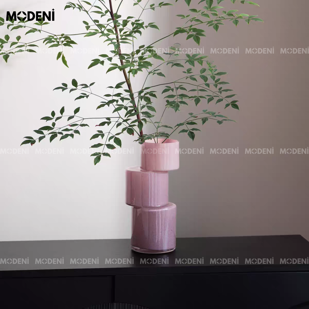 Bình Hoa Blush – Bình hoa thủy tinh hồng pastel nghệ thuật – Kiểu dáng xếp tầng hiện đại 25.5cm – Phù hợp decor bàn làm việc, kệ sách, phòng ngủ