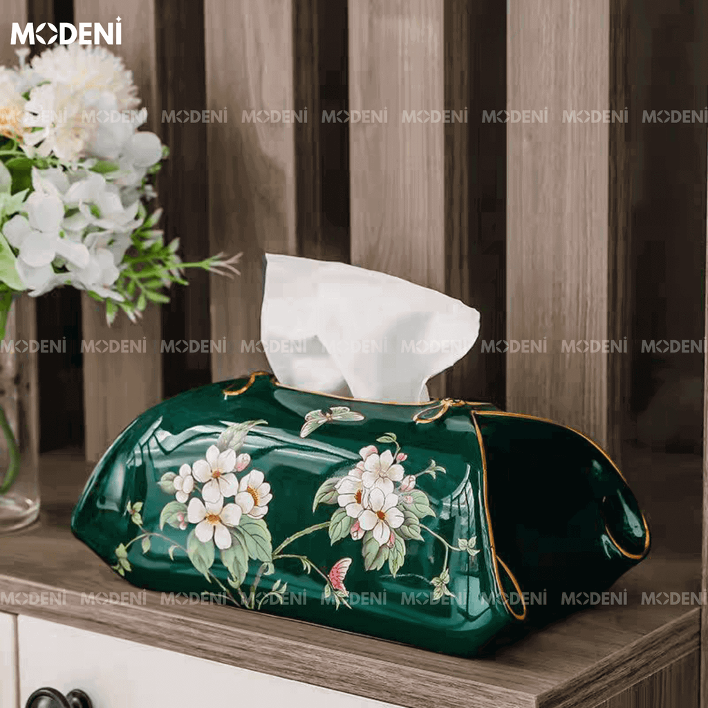 Hộp Khăn Giấy Harlow – Hộp Đựng Khăn Sứ Hoa Văn Cao Cấp – Chất Liệu Ceramic Vẽ Tay – Decor Phòng Khách, Bàn Ăn, Quà Tặng Tân Gia Sang Trọng