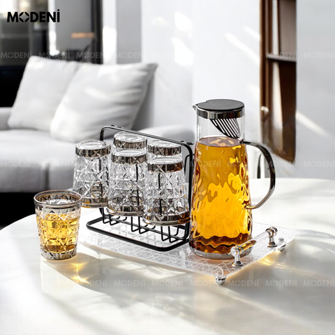  Bộ Bình Ly Thủy Tinh Orla Cao Cấp Màu Xám – 1 Bình + 6 Ly + Khay Đựng – Thiết Kế Sang Trọng Hiện Đại, Full Set Tiện Dụng Cho Bàn Tiếp Khách 