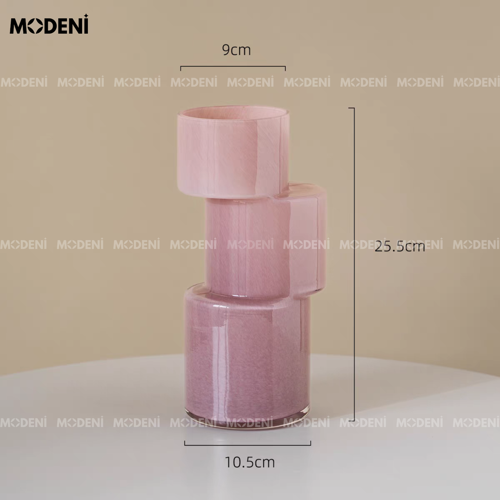 Bình Hoa Blush – Bình hoa thủy tinh hồng pastel nghệ thuật – Kiểu dáng xếp tầng hiện đại 25.5cm – Phù hợp decor bàn làm việc, kệ sách, phòng ngủ