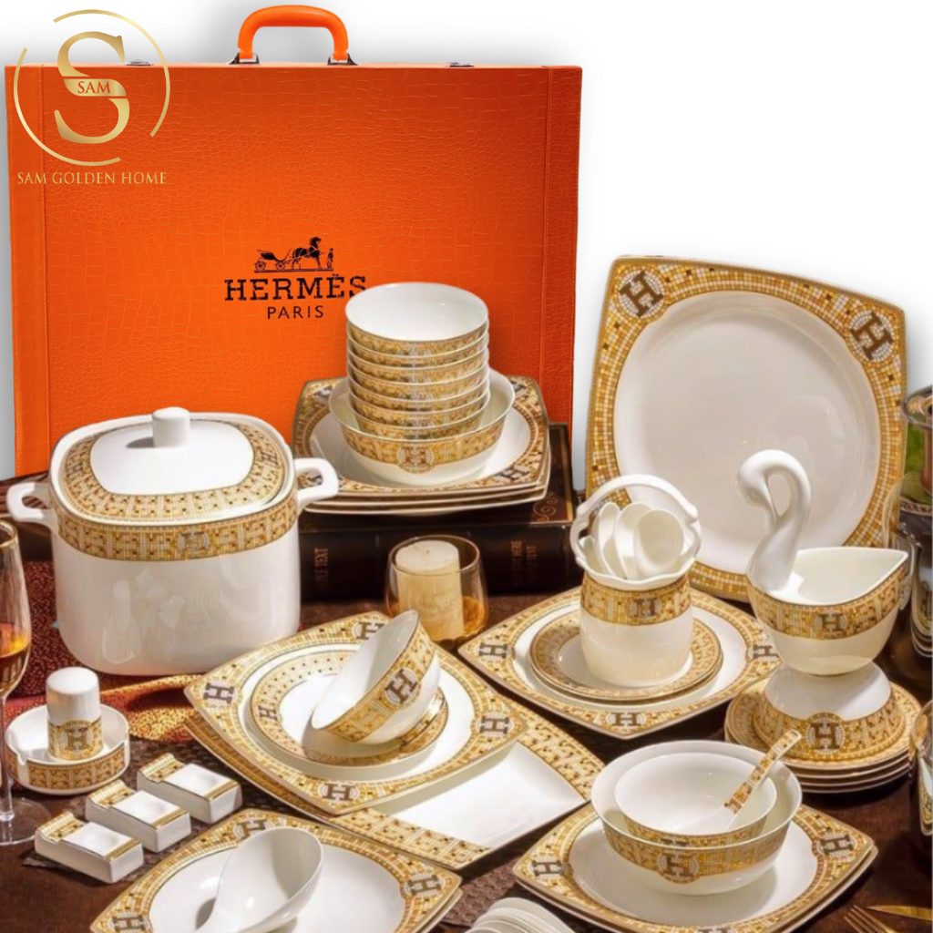Bộ Chén Bát Đĩa Sứ Xương H-Paris (Vuông) - Bộ 70 Món Cao Cấp Viền Vàng